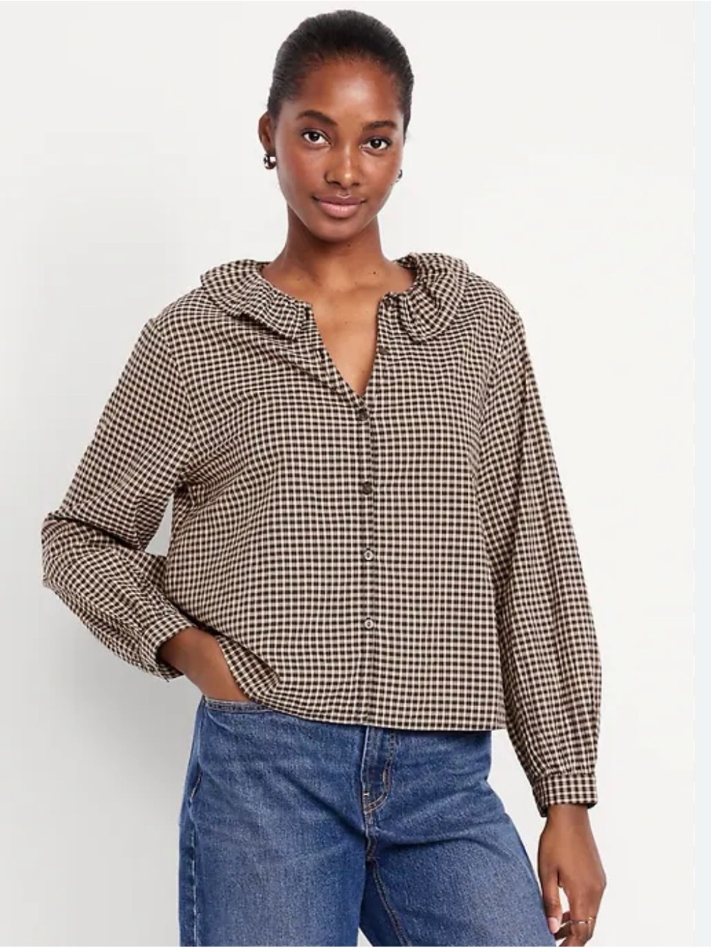 Old Navy Brown and Black Checked Ruffle-Collar Button Blouse